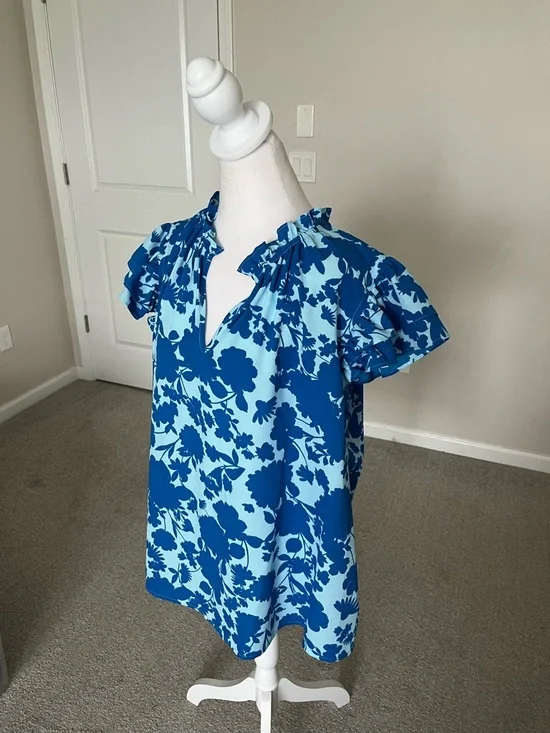 NWT Sugarlips Blue Floral Ruffle-Sleeve Women's Top Size 2X - Picture 3 of 9